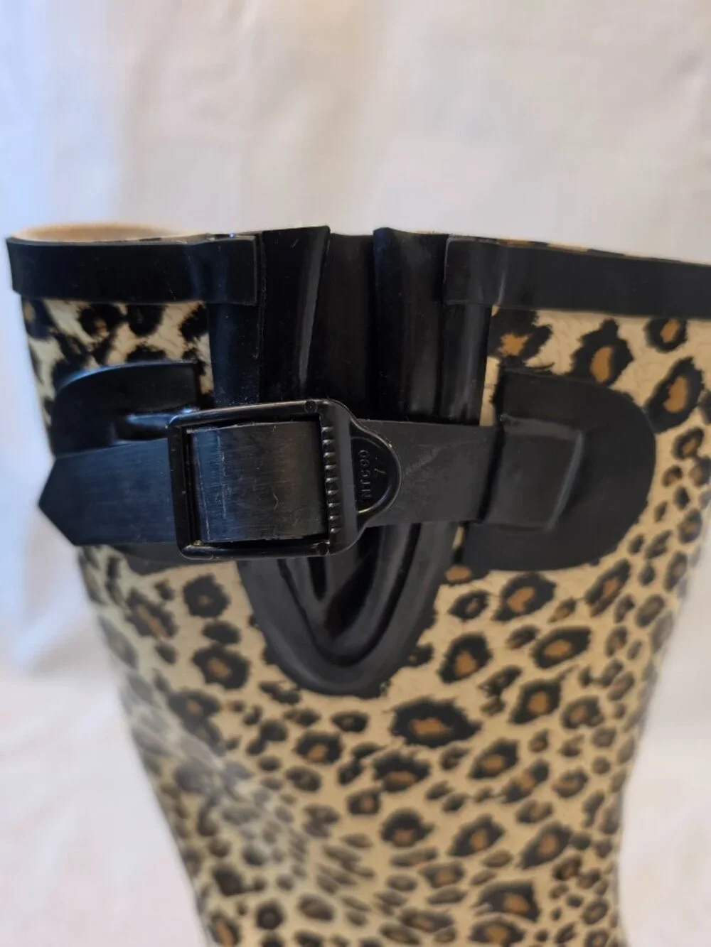 Leopard Print Rubber Boots with Black Buckle and Black Trim Size 6